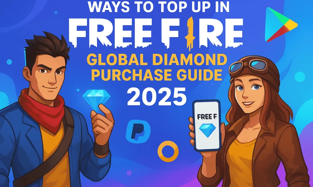 Free Fire global diamond purchase guide graphic featuring two characters, a diamond, a phone with the Free Fire logo, and payment icons, with text 'WAYS TO TOP UP IN FREE FIRE GLOBAL DIAMOND PURCHASE GUIDE 2025'.