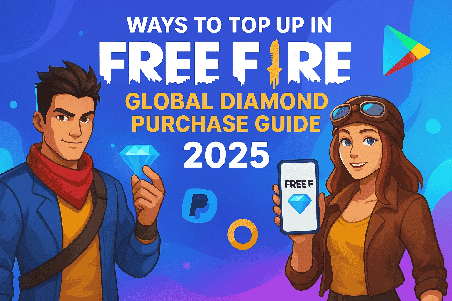 Free Fire global diamond purchase guide graphic featuring two characters, a diamond, a phone with the Free Fire logo, and payment icons, with text 'WAYS TO TOP UP IN FREE FIRE GLOBAL DIAMOND PURCHASE GUIDE 2025'.