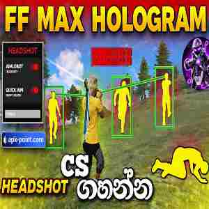 FF Max Hologram and Auto Headshot gameplay thumbnail with yellow character highlights and aim assist menu.